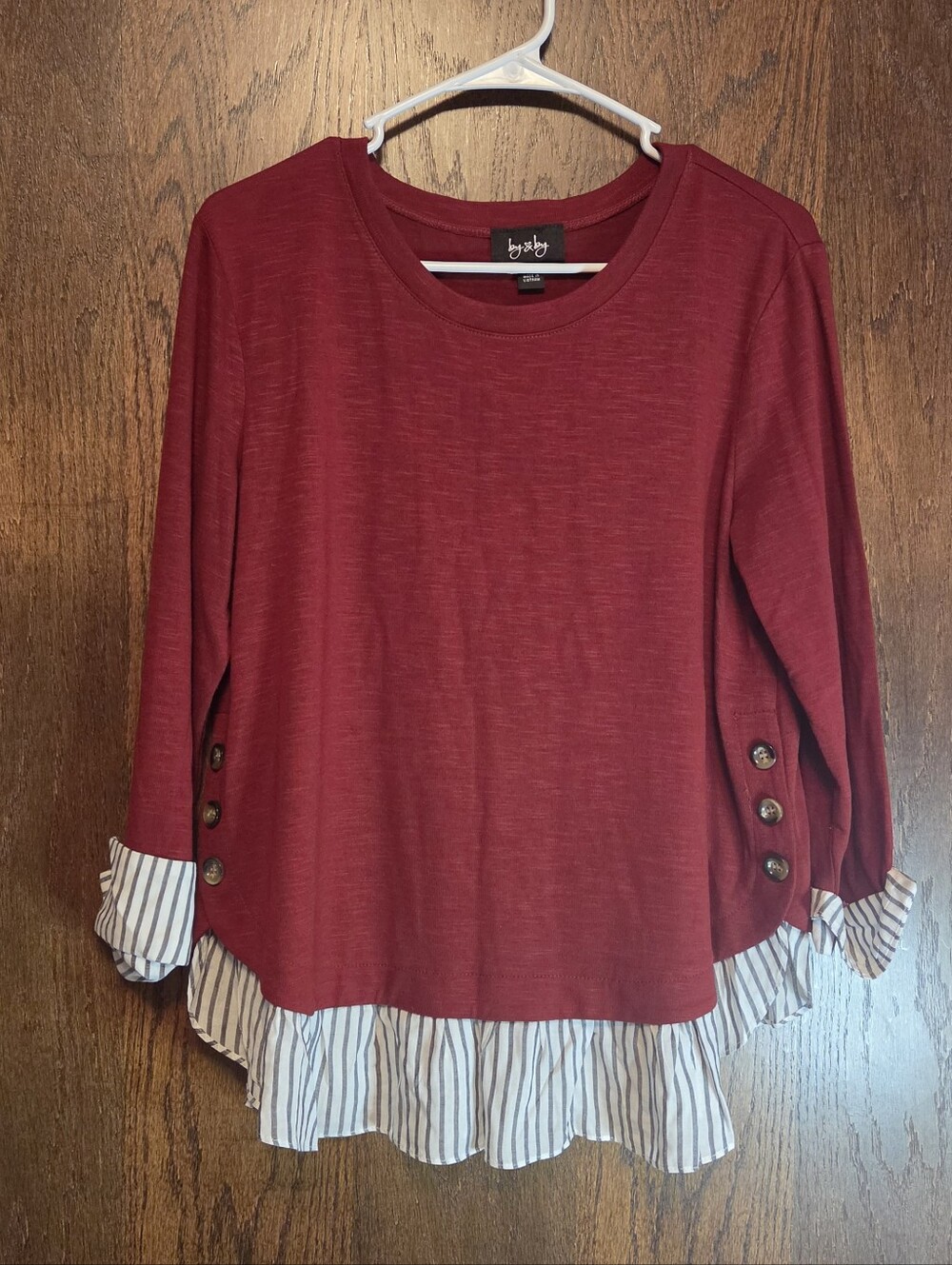 By & By Long Sleeve Top with Striped Layered Hem
